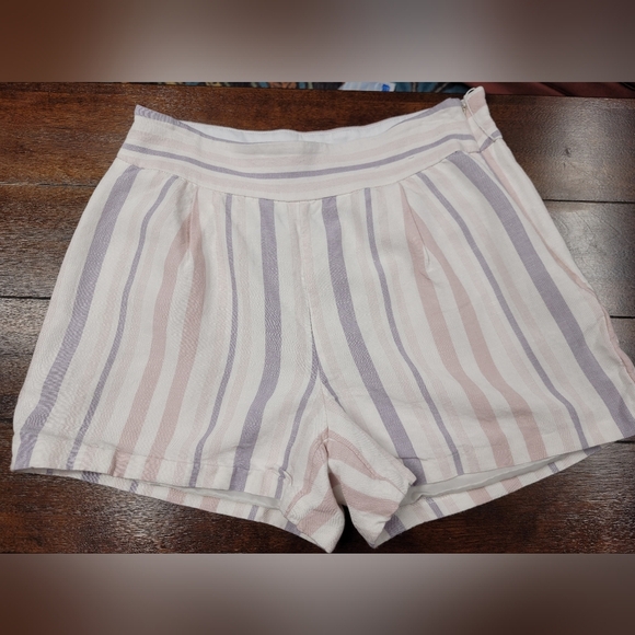 Express 6 Midi High Rise Linen Blend Shorts Striped Hidden Zipper Faux Pockets - Picture 1 of 5